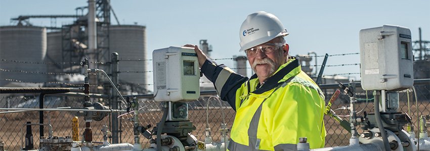 Kansas Gas Service employee with gas pipe